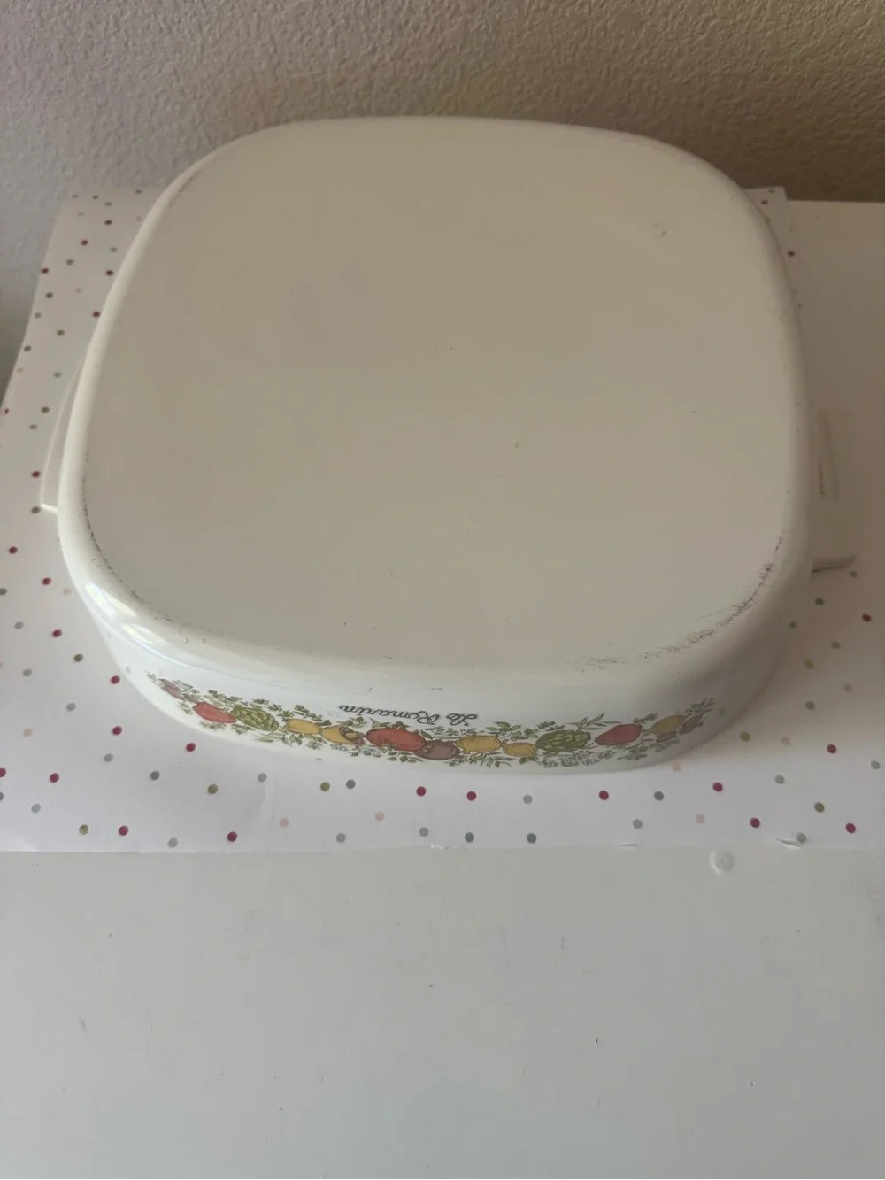White Ceramic Square Baking Dish with Fruit Motif
